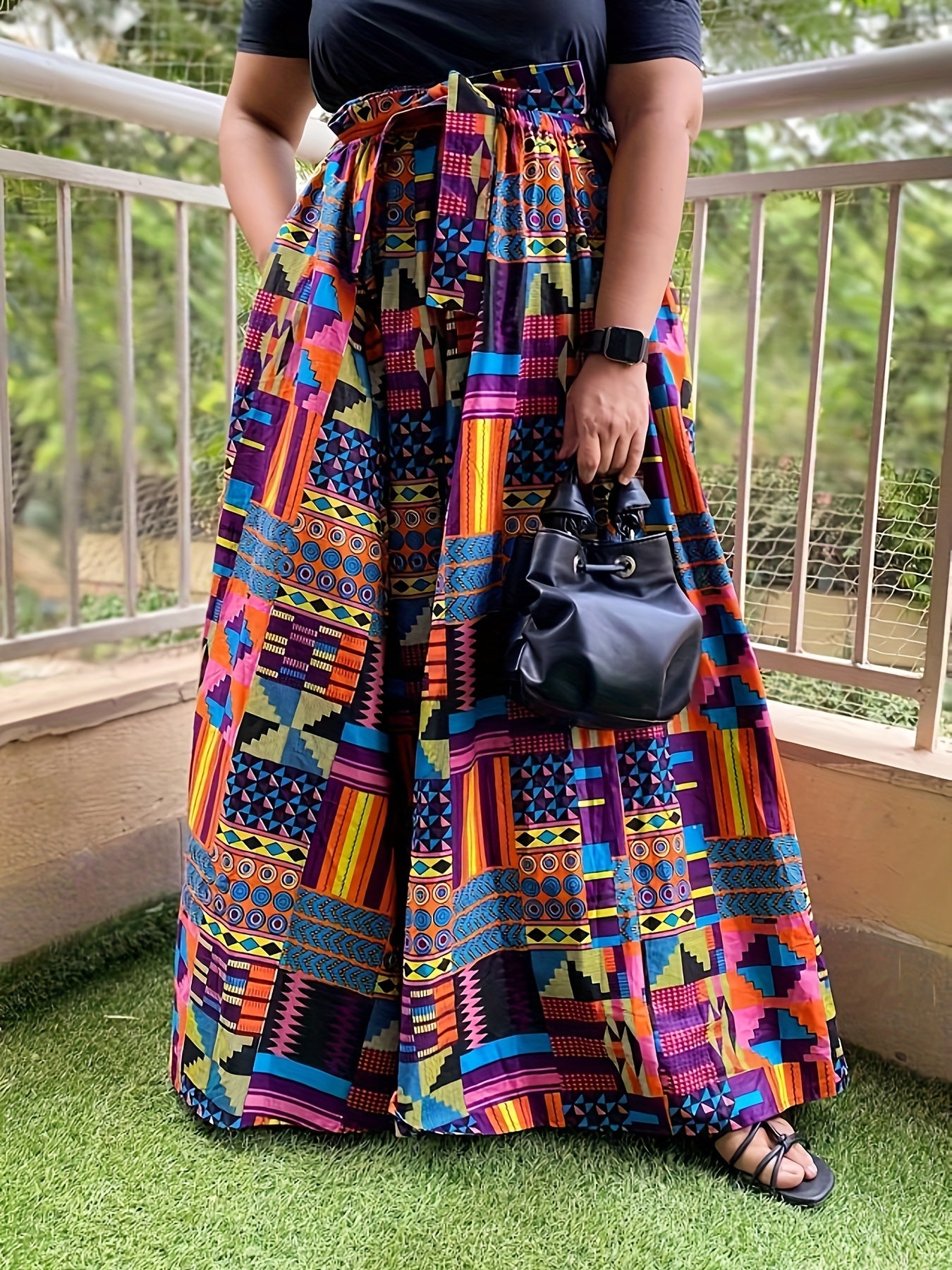 Plus Size Women Geometric Print Belted Skirt Casual Elastic Waist Spring Summer