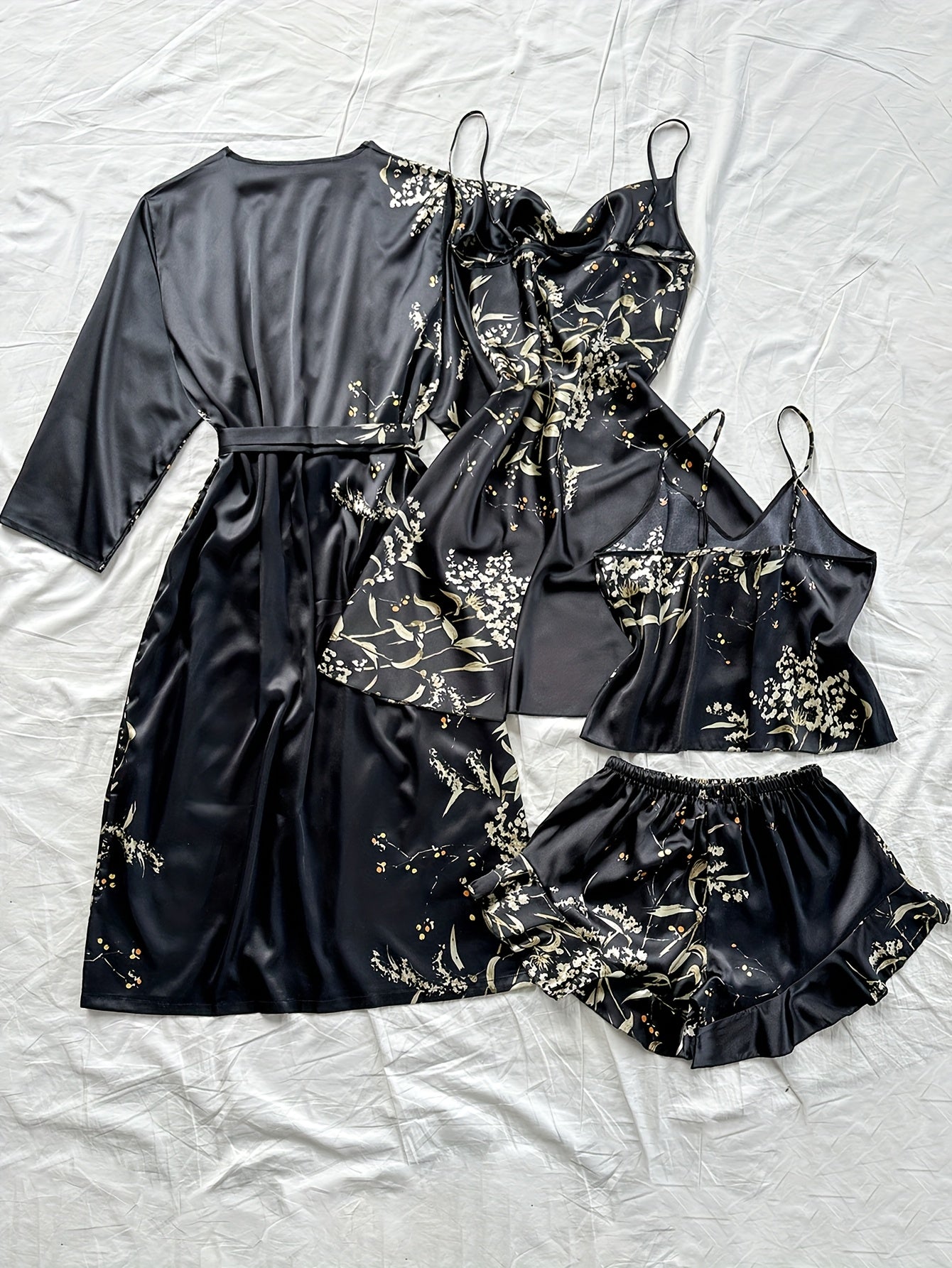 Women's Faux Cherry Print Nightgown Set with Ruffle Neckline and Shorts