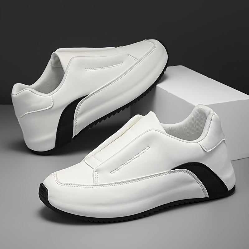 Men's Casual Slip-On Sneakers Black White Thick Sole Height Boosting Low Top Round Toe All-Season