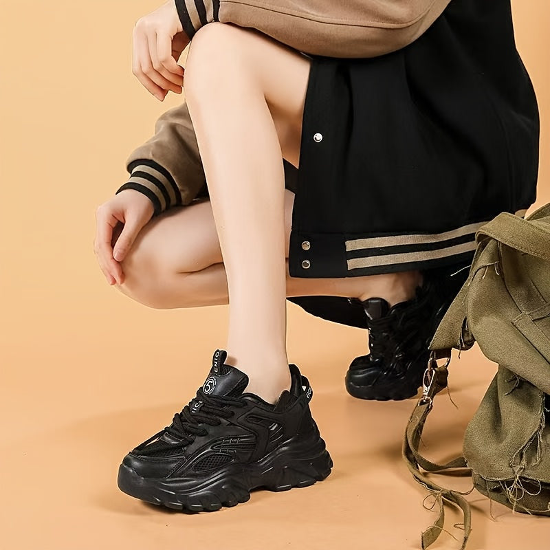 Ayollar uchun qora chunky sport poyabzali, nafas oladigan tarmoq, PVC, kundalik, pastki qism