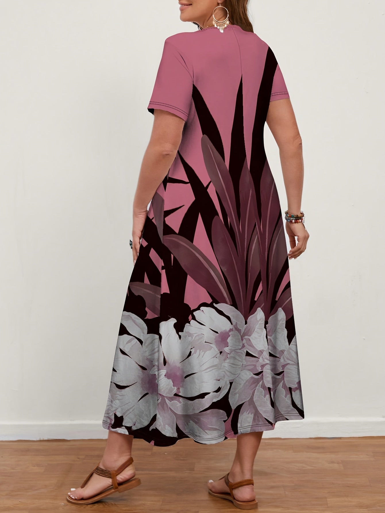 Plus Size V-Neck Dress with Plant Print Polyester Blend for Spring and Summer