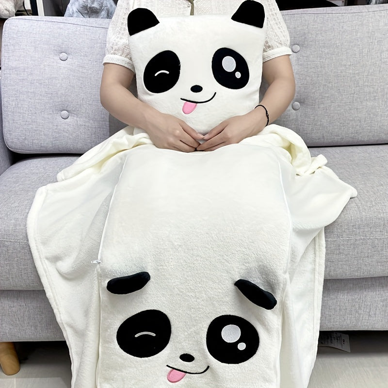 Panda Pillow and Blanket Set Cartoon Glam Style All-Season Knitted Polyester Lightweight Travel Office