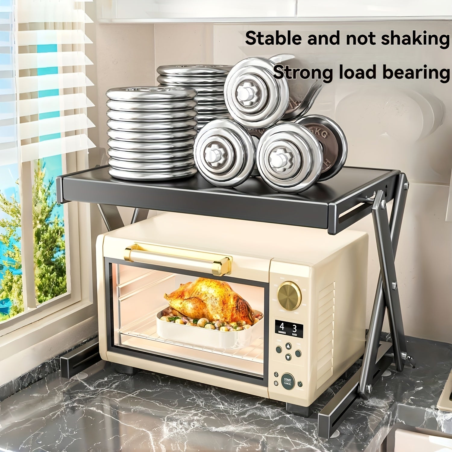 Moslashuvchan joyni tejash dizayni bilan zanglamaydigan po'latdan yasalgan mikroto'lqinli pech uchun javon. Mikroto'lqinli pech va oshxona asosiy buyumlarini saqlash uchun ideal. Bardoshli metall konstruktsiya. O'rnatishni talab qilmaydi.