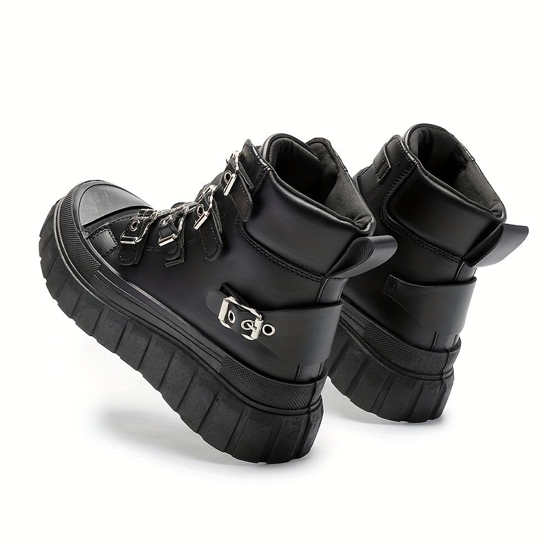 Women’s Black Motorcycle Boots with Metal Buckles and Thick Sole