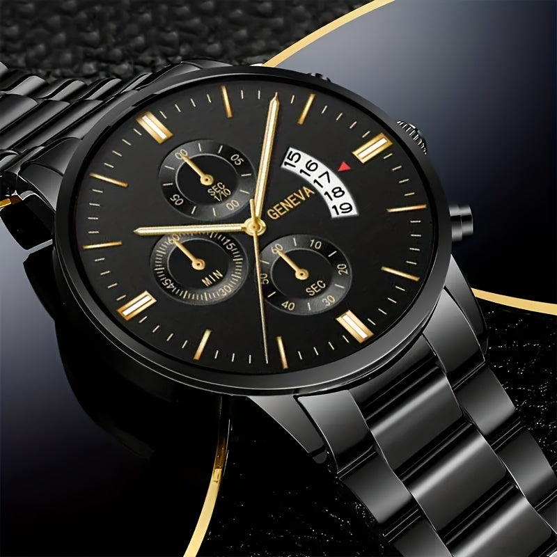 Men's Stainless Steel Quartz Watch with Calendar and Matching Bracelet Set