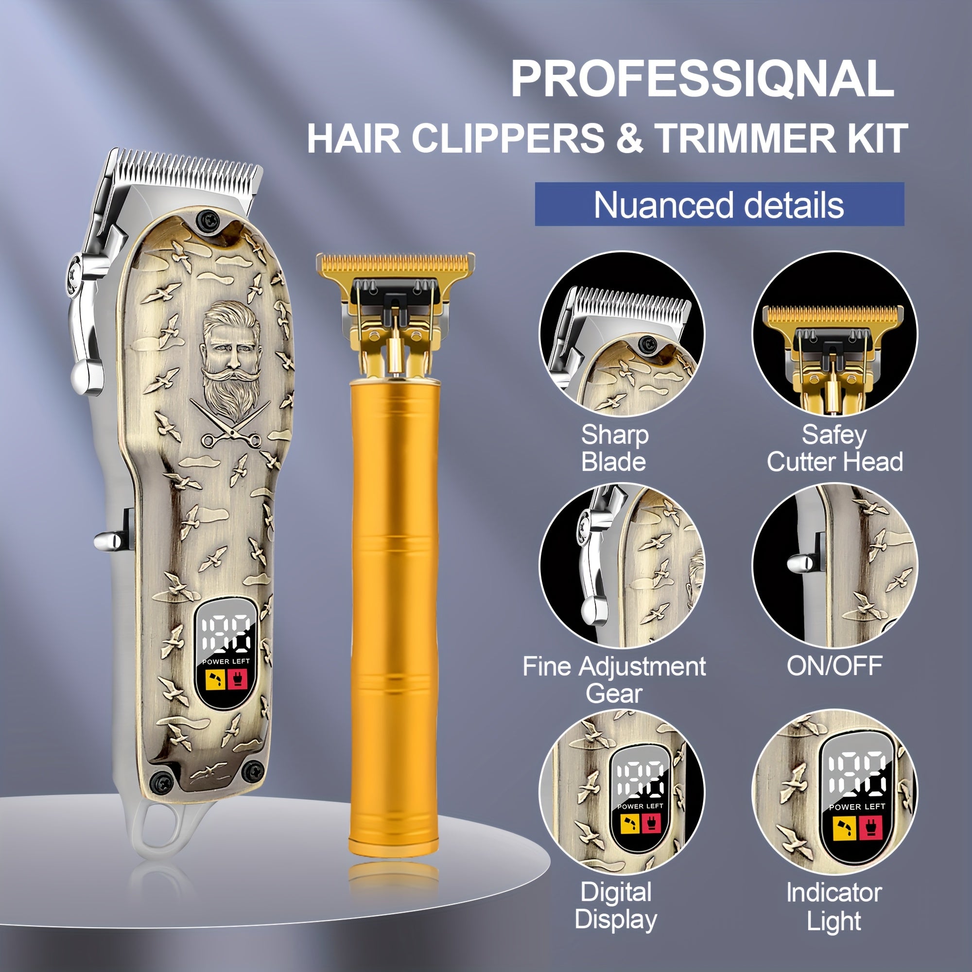 Set de cortapelos y recortadora profesional de 3 piezas, uso inalámbrico para barberos