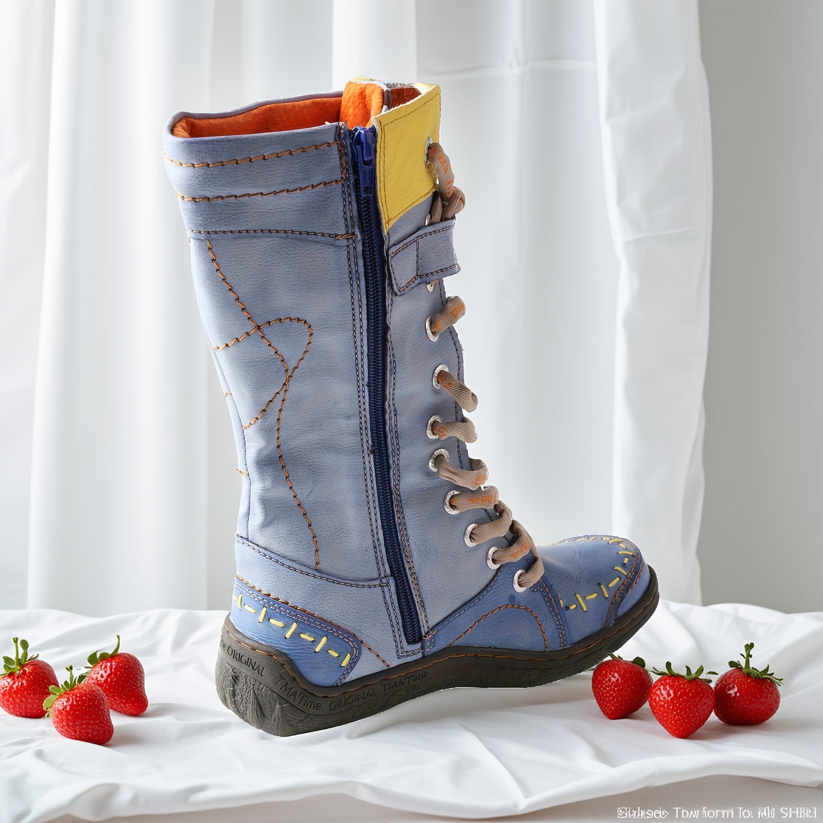Women's High-Top Leather Lace-Up Hiking Boots with Colorful Accents