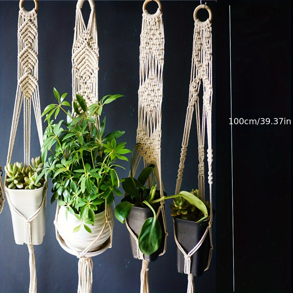 Set of 5 Macrame Plant Hangers Indoor Boho Style with Support Rack and Hanging Pots