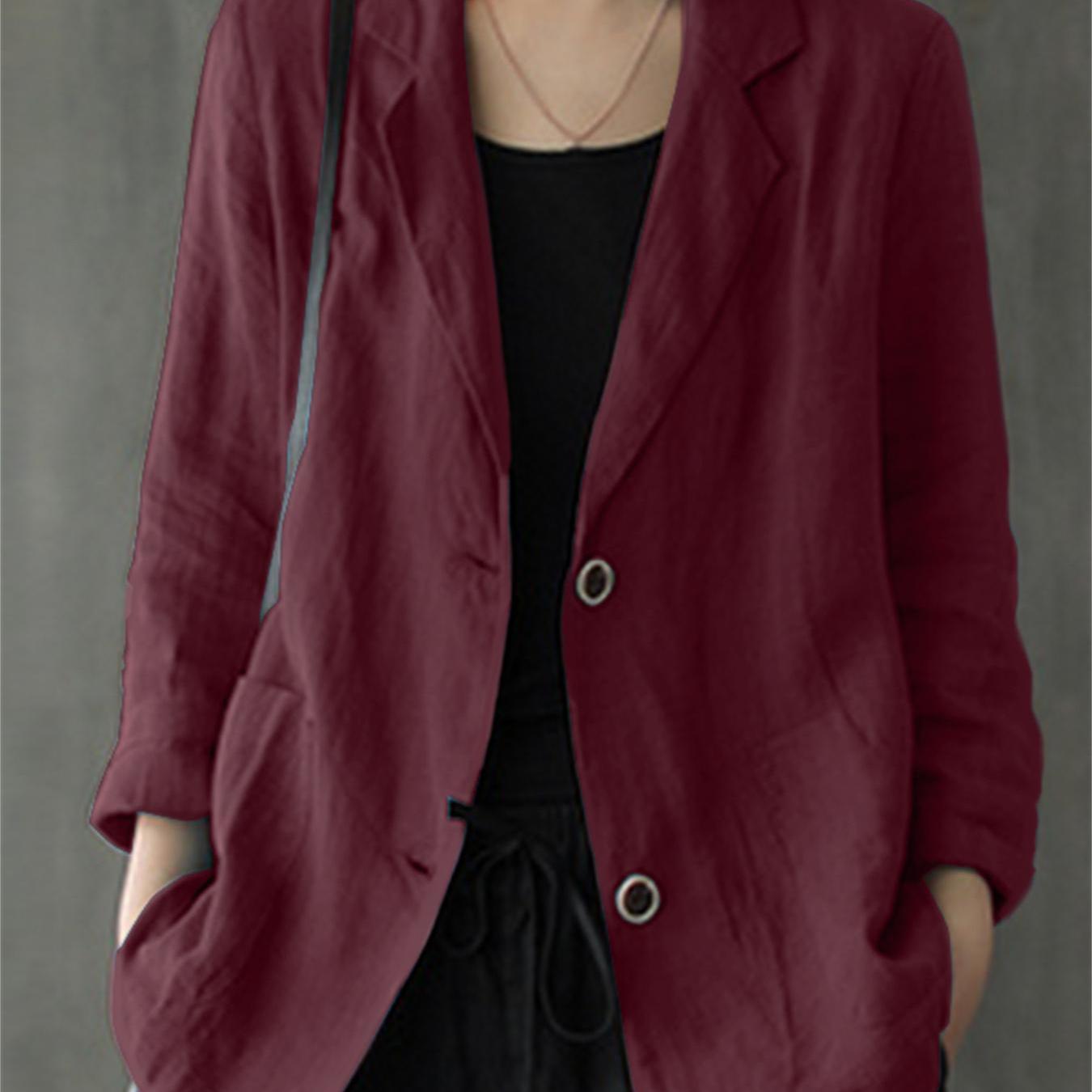 Plus Size Women's Cotton Blazer Long Sleeve Solid Color Office Casual Outerwear