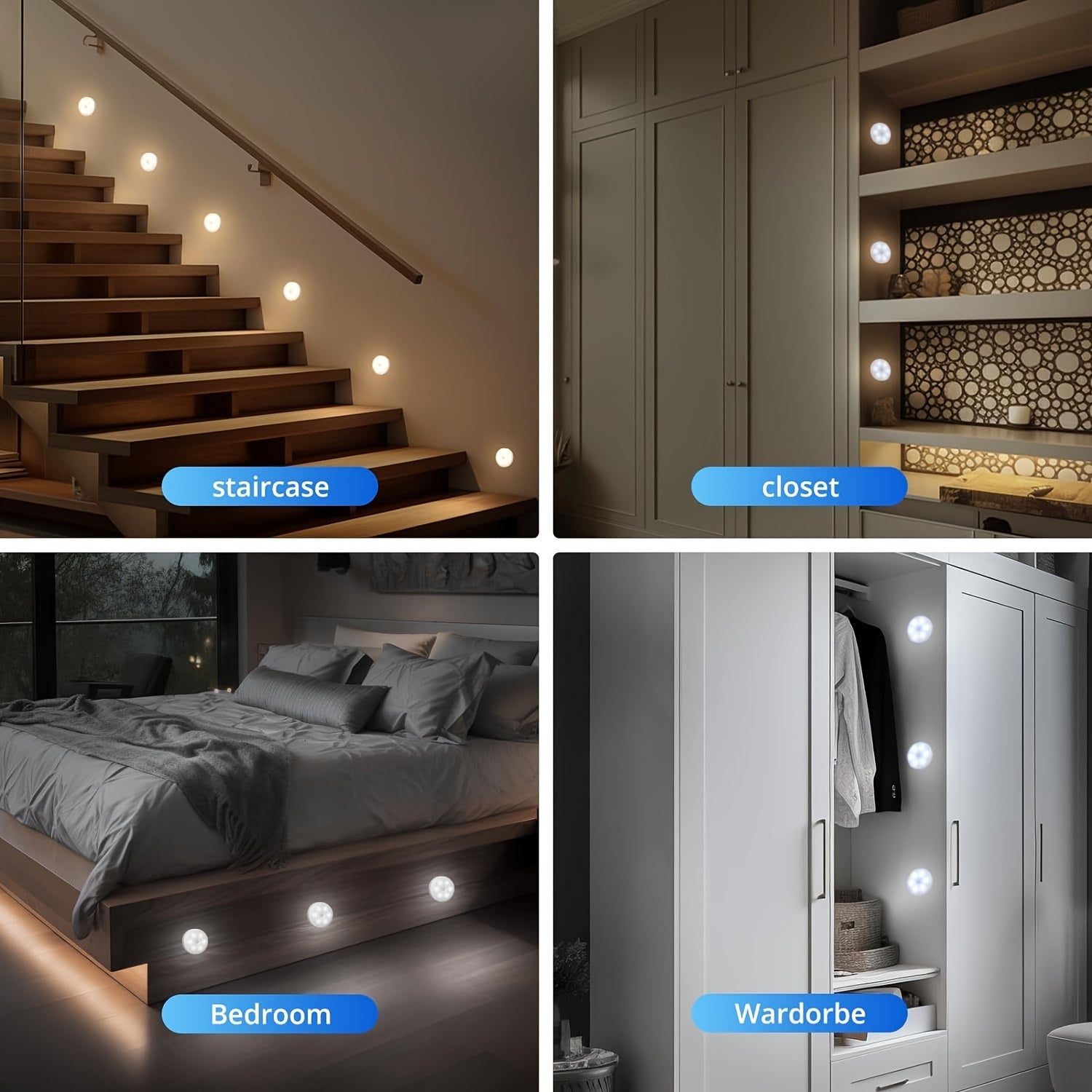 Motion Sensor Night Lights Warm and Cold White Adjustable Brightness for Bedroom Stairs Cabinets Wardrobe