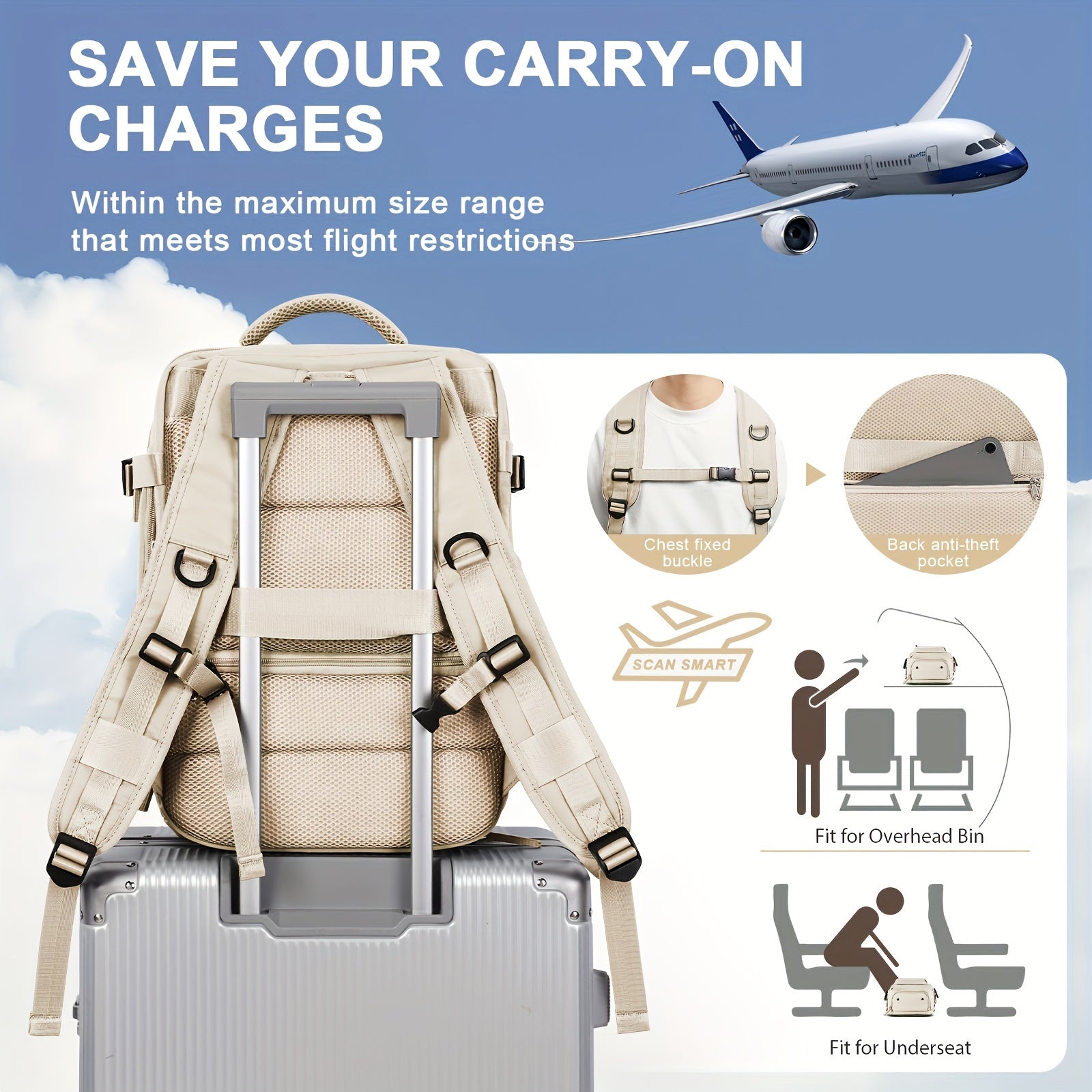 Прочный дорожный рюкзак Oxford с отделением для ноутбука, тележкой и USB-зарядкой