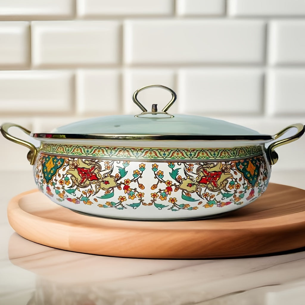 Vintage Enamel Stockpot 30cm Shallow Soup Pot with Lid Handle Induction Compatible