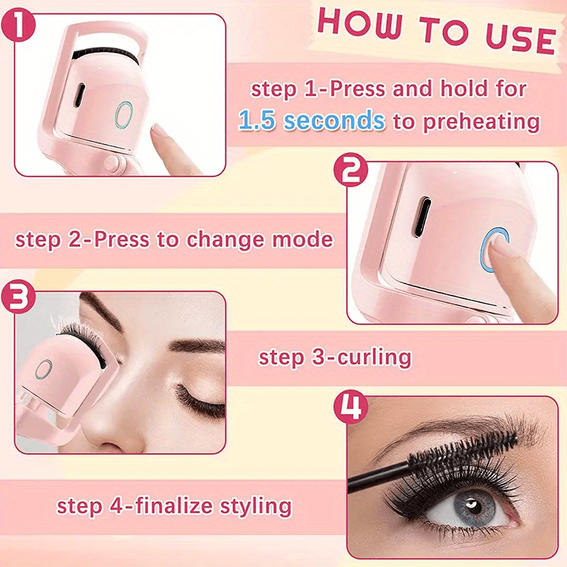 Electric Heated Eyelash Curler USB Rechargeable Long-Lasting Lithium Battery Pink White