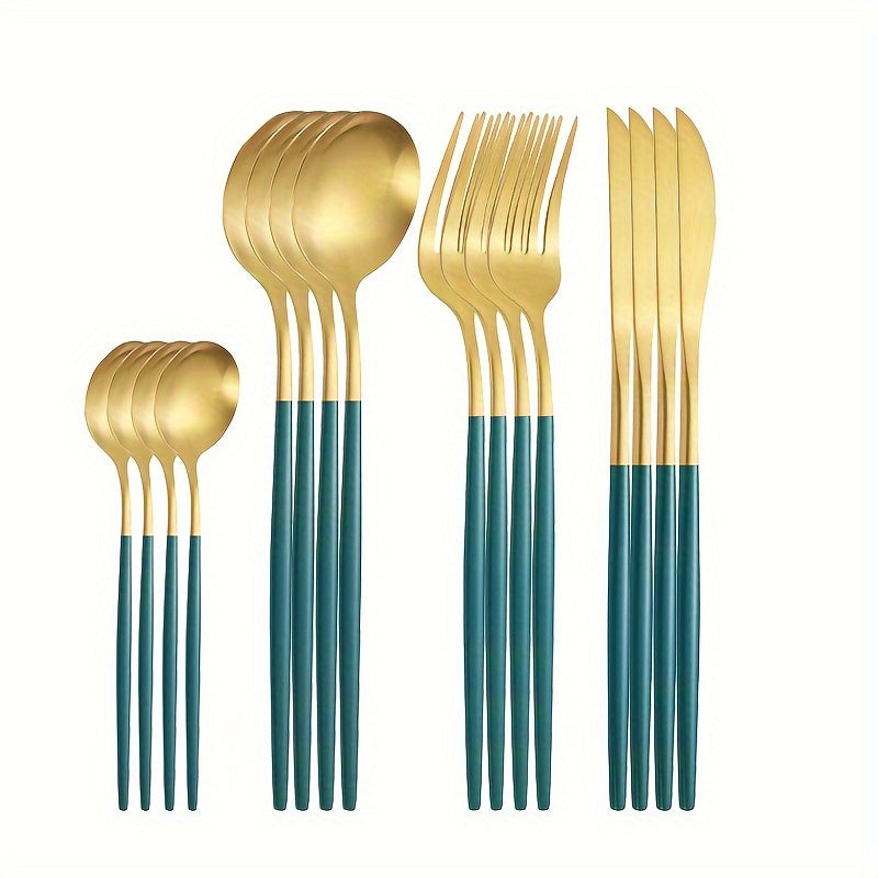 Juego de cubiertos de acero inoxidable de 16 piezas para cenas de bistec y postres