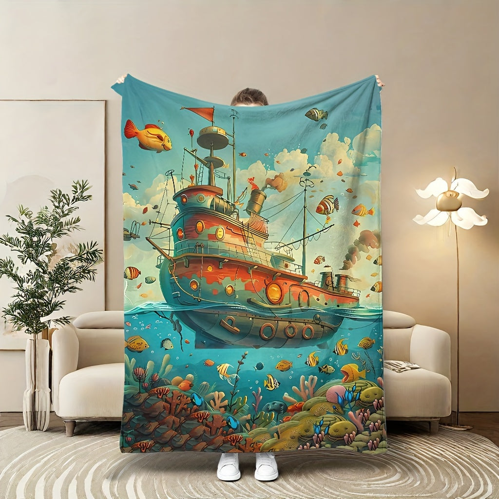 Coral Fleece Blanket with Ship Pattern Soft Warm All-Season Throw for Sofa Bed Camping