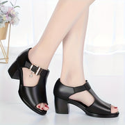 Women's Summer High Heels Gray Black Fish Mouth Open Toe Chunky Heels for Office and Party