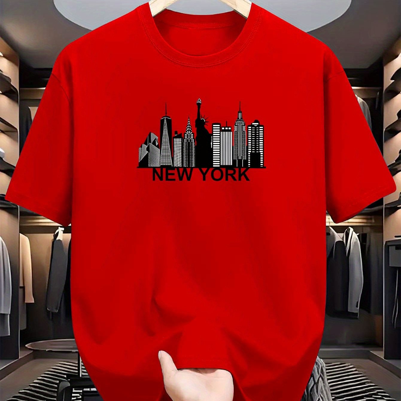 Camiseta gráfica de manga corta con cuello redondo para hombre en azul claro con skyline de NYC, verano casual, poliéster