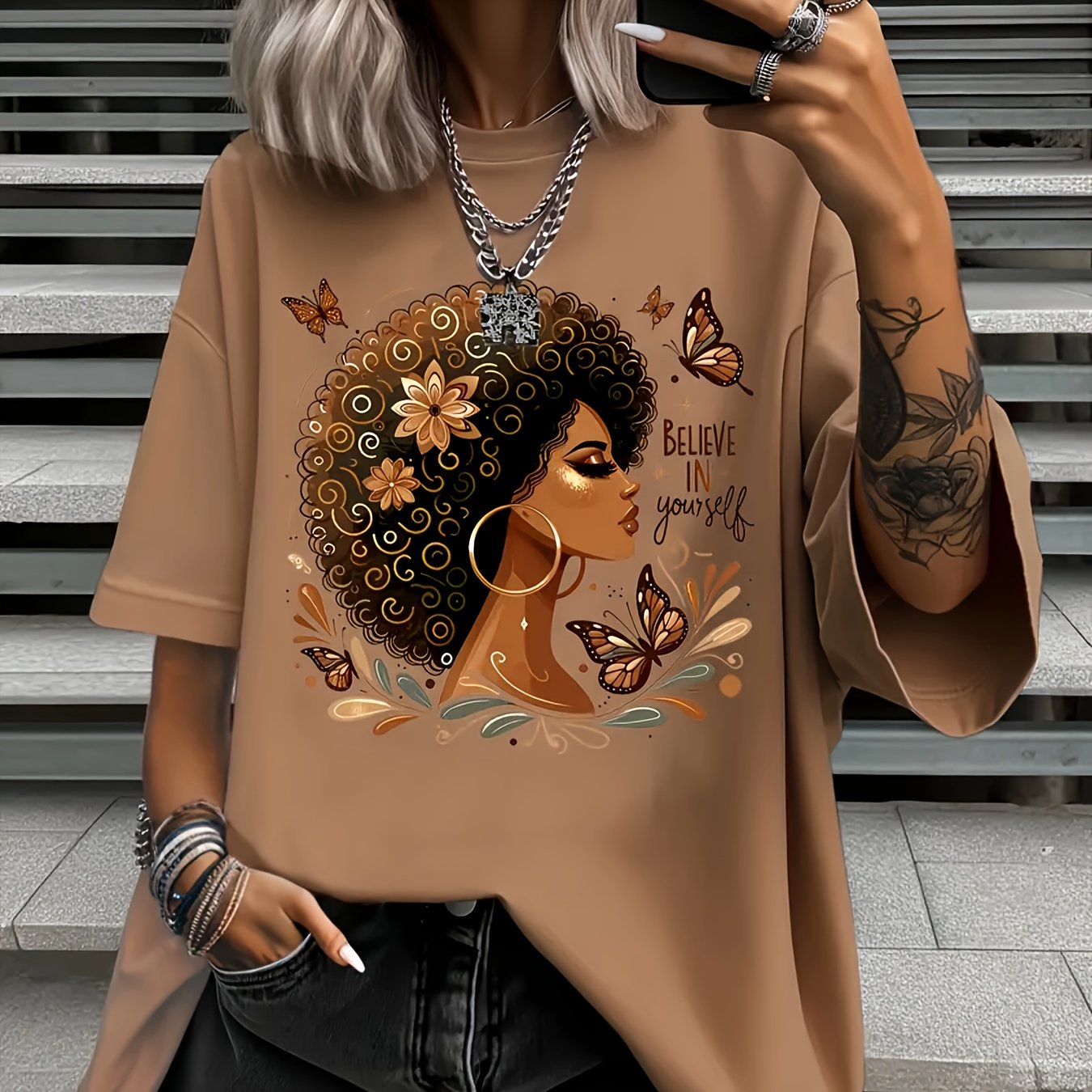 Plus Size Women's Casual Cotton Short Sleeve T-Shirt with Butterfly Print