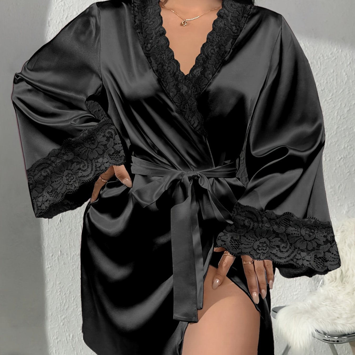Plus Size Satin Sleep Robe with Lace Trim and Adjustable Waist Tie