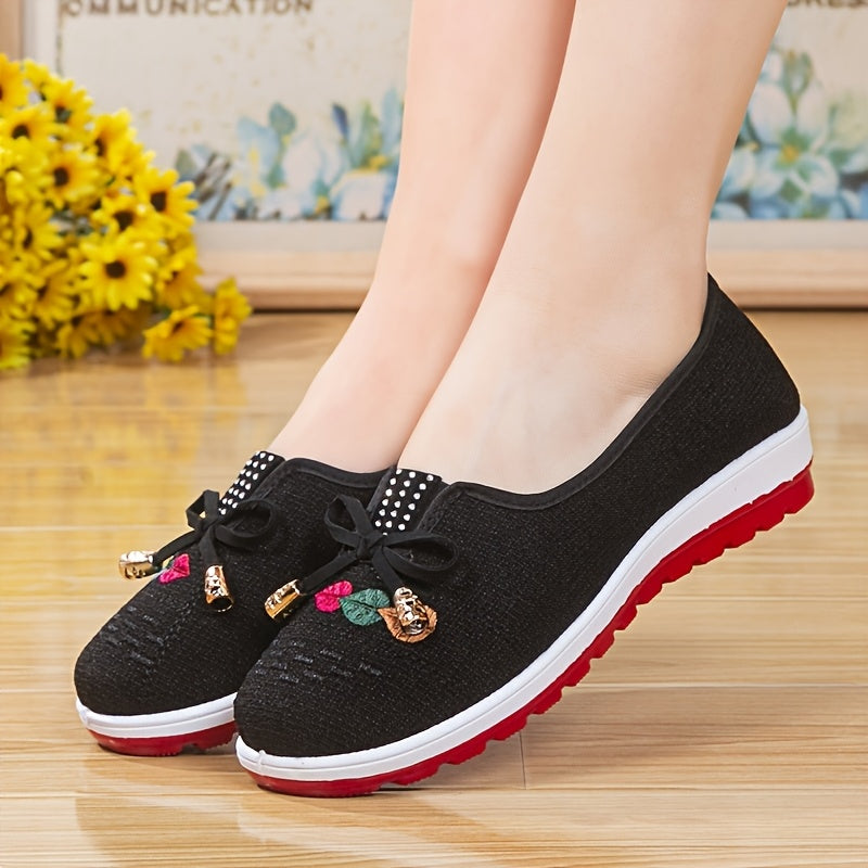 Women's Floral Embroidered Canvas Flats with Bowknot Detail for Comfort