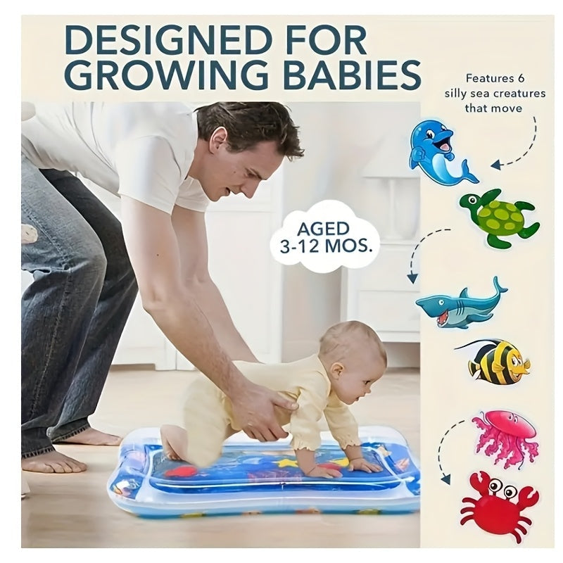 Infant Water Play Mat Blue PVC Tummy Time Water Mat with Floating Sea Creatures for Sensory Stimulation