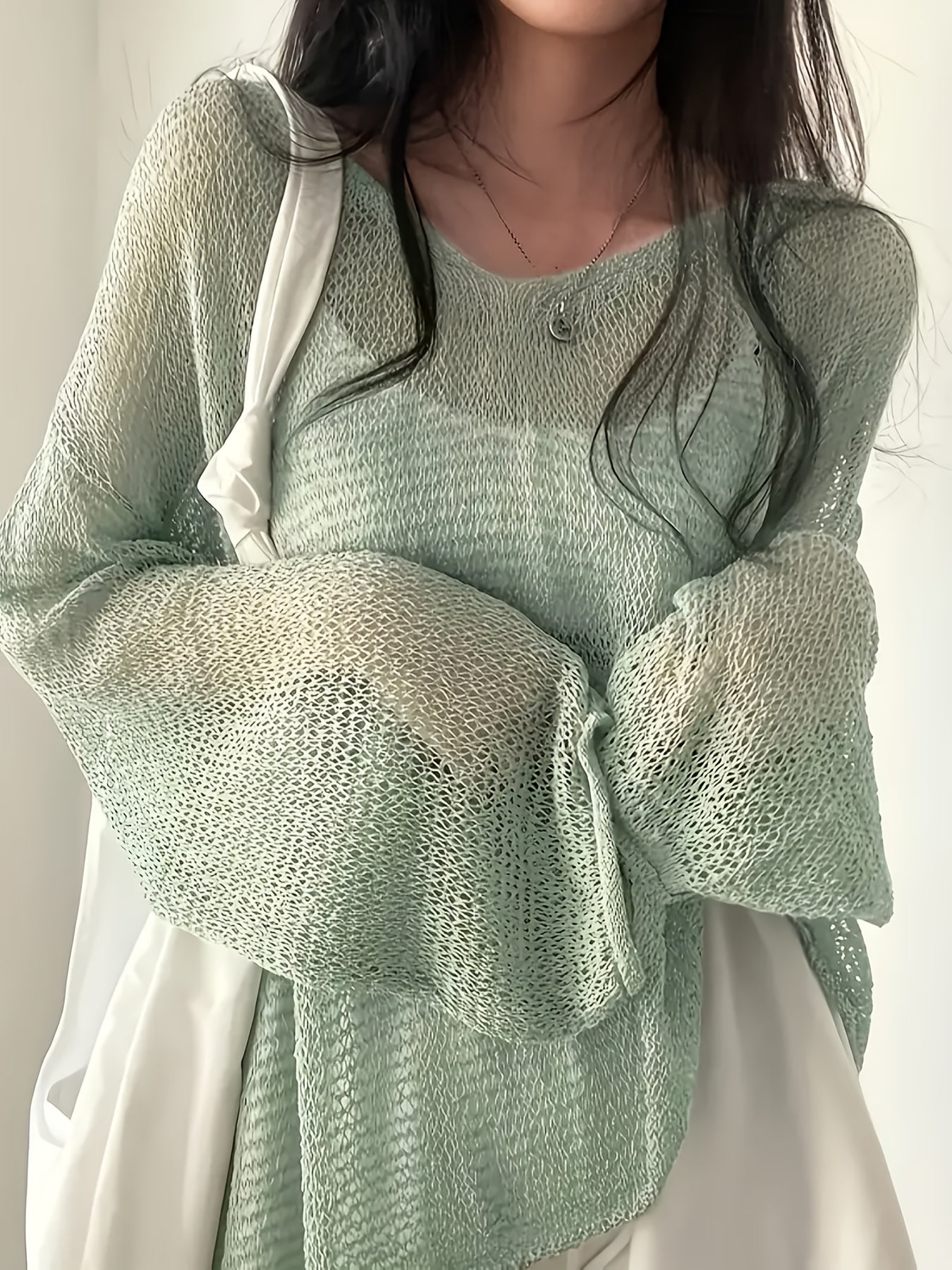 Plus Size Women Light Green V-Neck Cardigan Long Sleeve Loose Fit