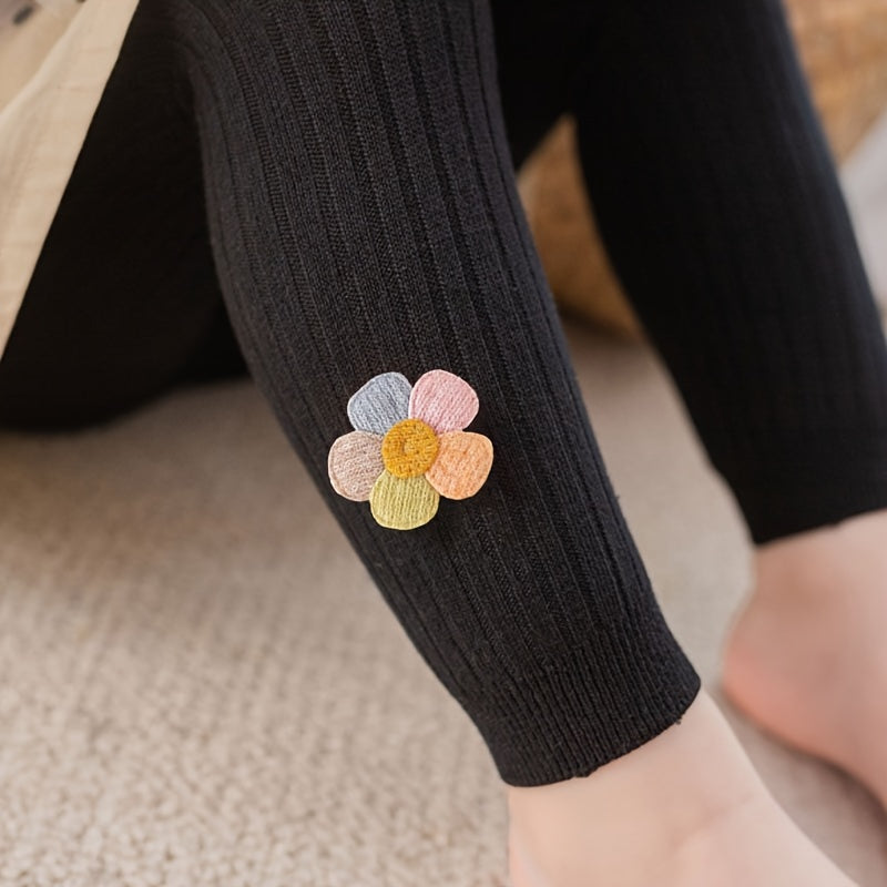 Girls Slim Leggings with Rib Knit Flower Doll Design Cotton Blend Stretch Footless Tights