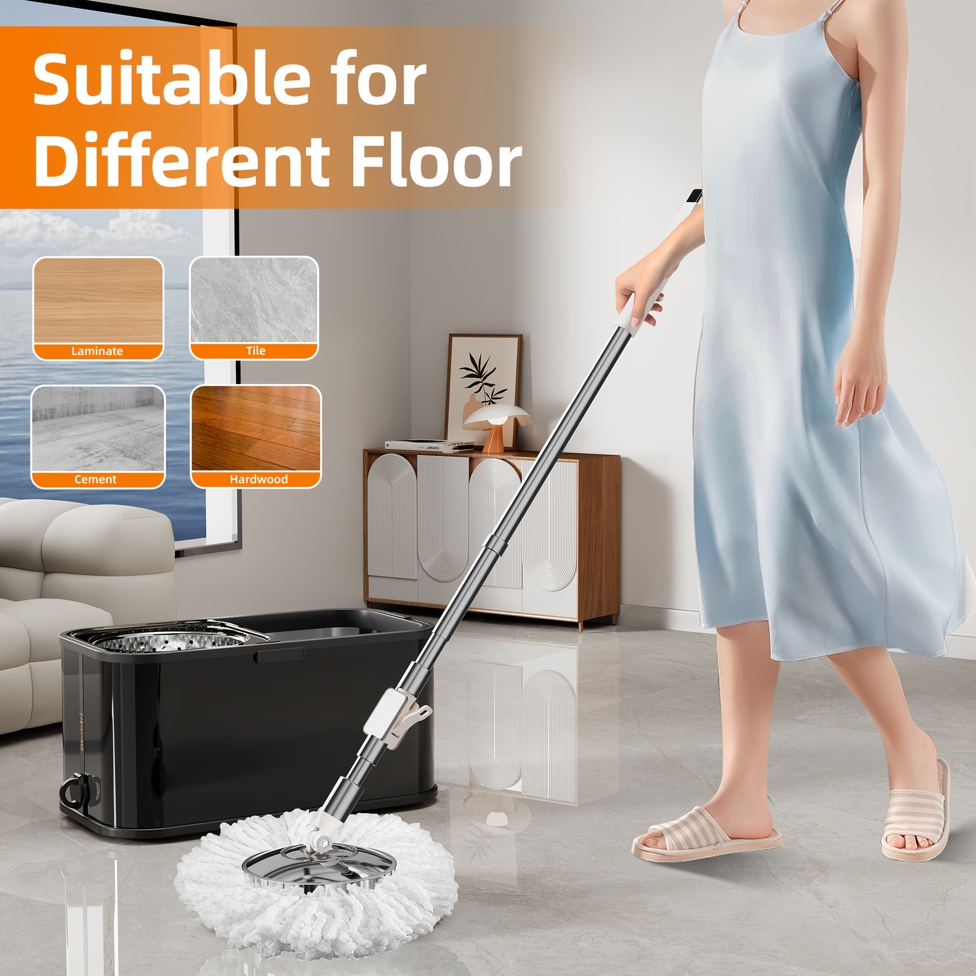 Stainless Steel Self-Wringing Mop Set with 360° Rotating Head and Microfiber Pads