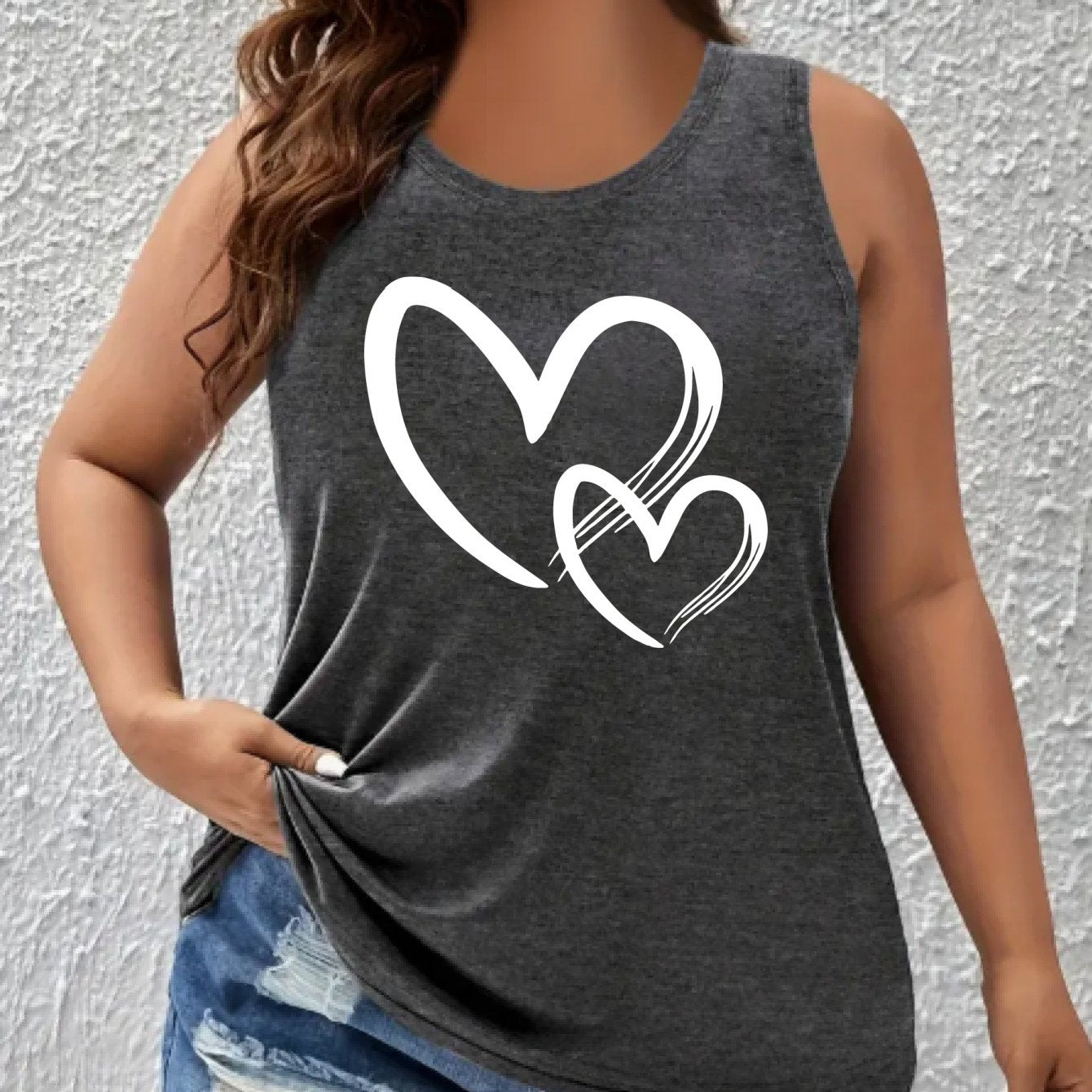 Women Plus Size Heart Graphic Tank Top Black Sleeveless Sporty Breathable Shirt