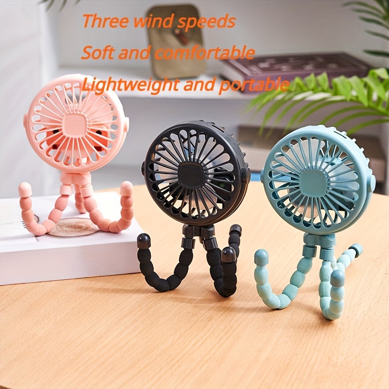 Mini Portable Fan with 3 Speeds Rechargeable Battery Adjustable Hanger Stand for Stroller Outdoor Table