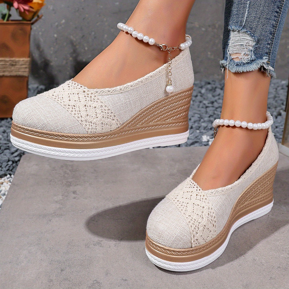 Women's Beige Espadrille Wedge Loafers Slip-On Shoes with Thick Sole