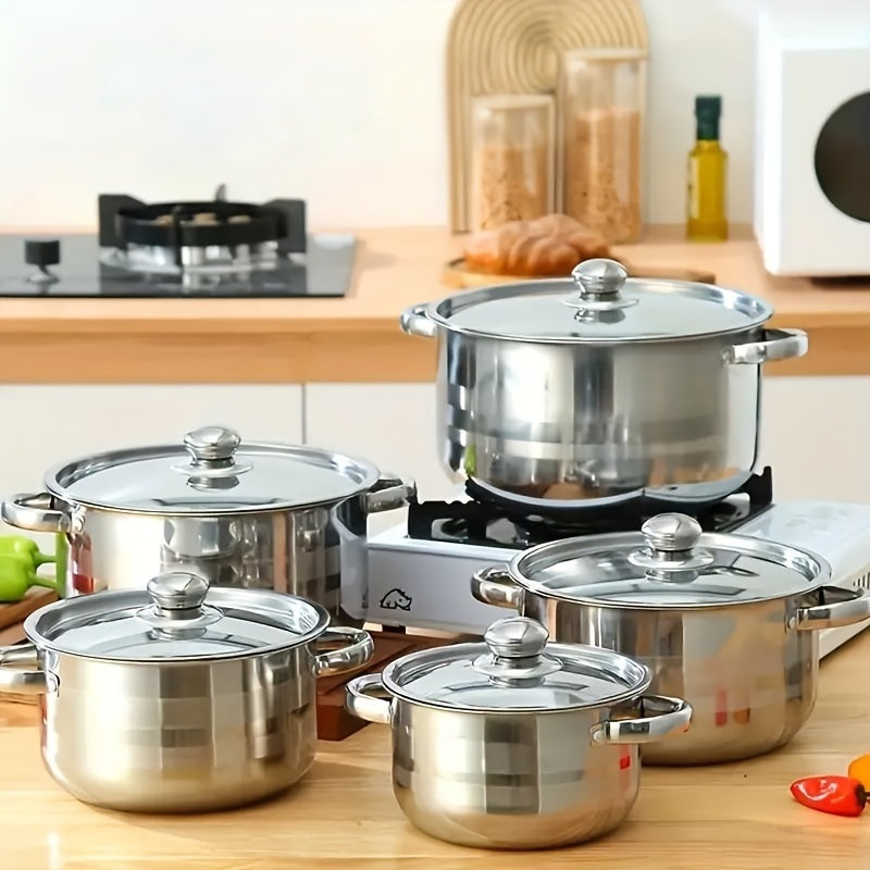 10-Piece Stainless Steel Cookware Set with Lids, Silver, Various Sizes