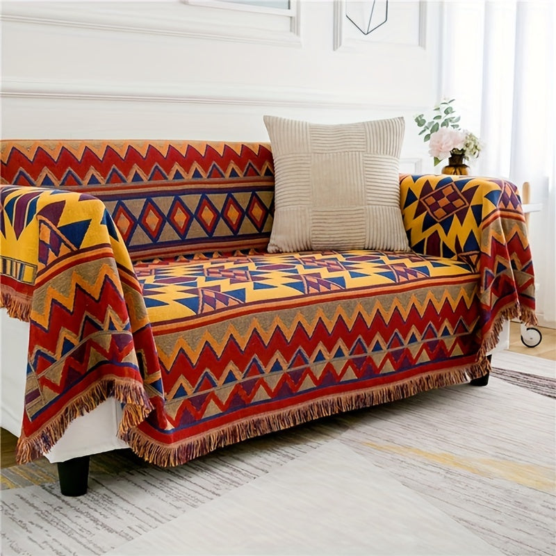 Bohemian Reversible Throw Blanket with Geometric Pattern and Tassels for Couch Protection