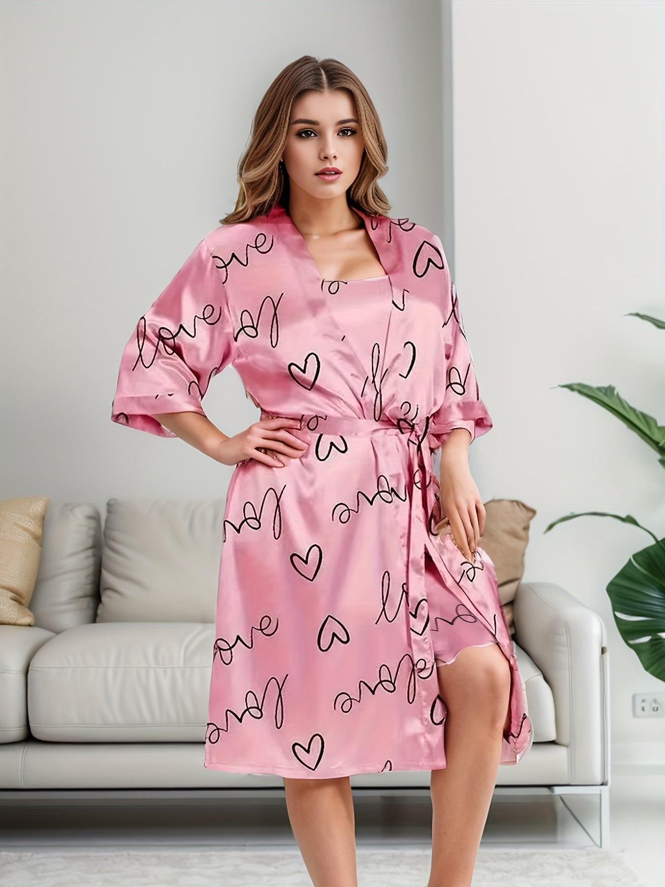 Plus Size Women's Satin Nightgown Set Camisole Pajama with Robe