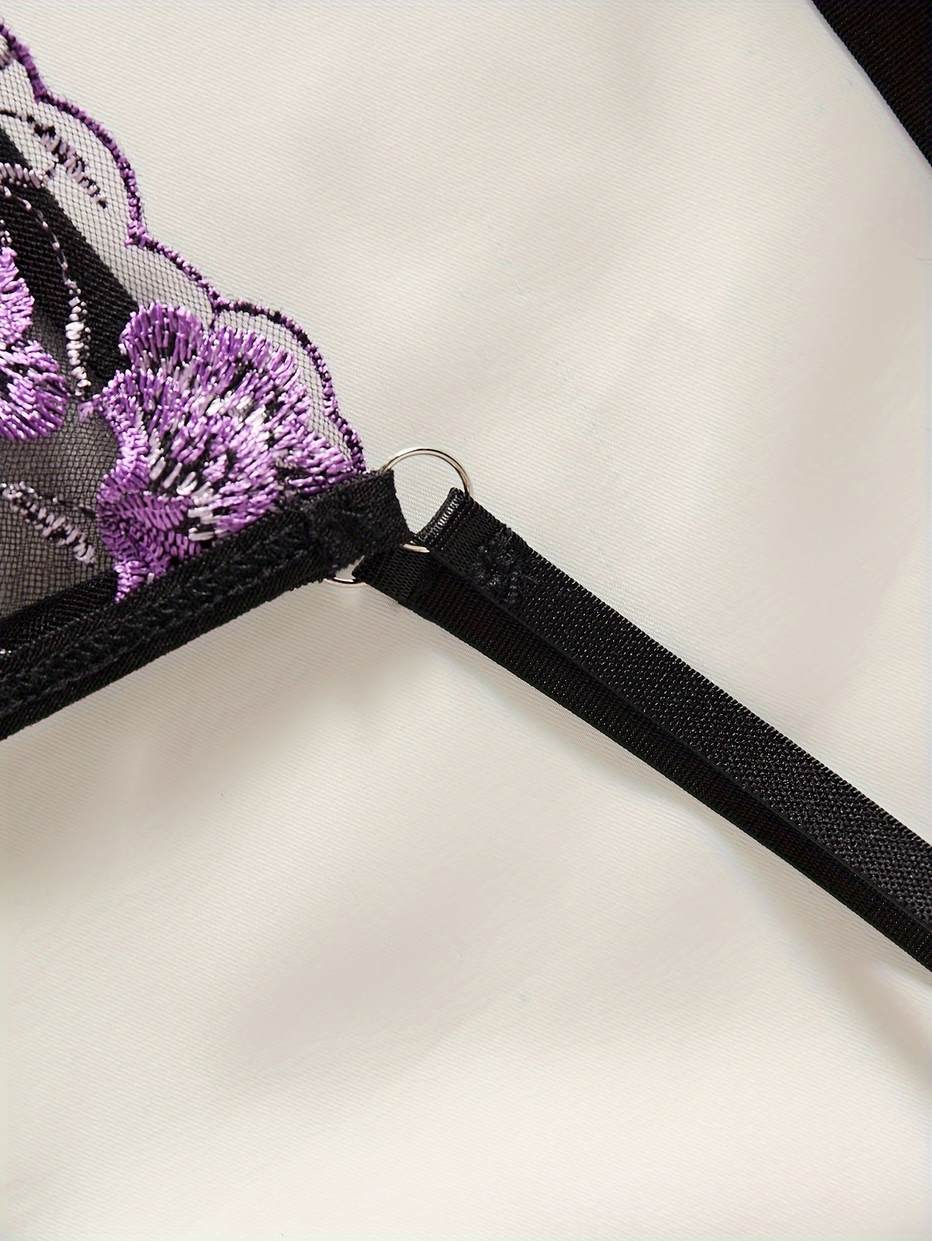 Women's Floral Embroidered Lingerie Set with Sheer Mesh Bra and Thong