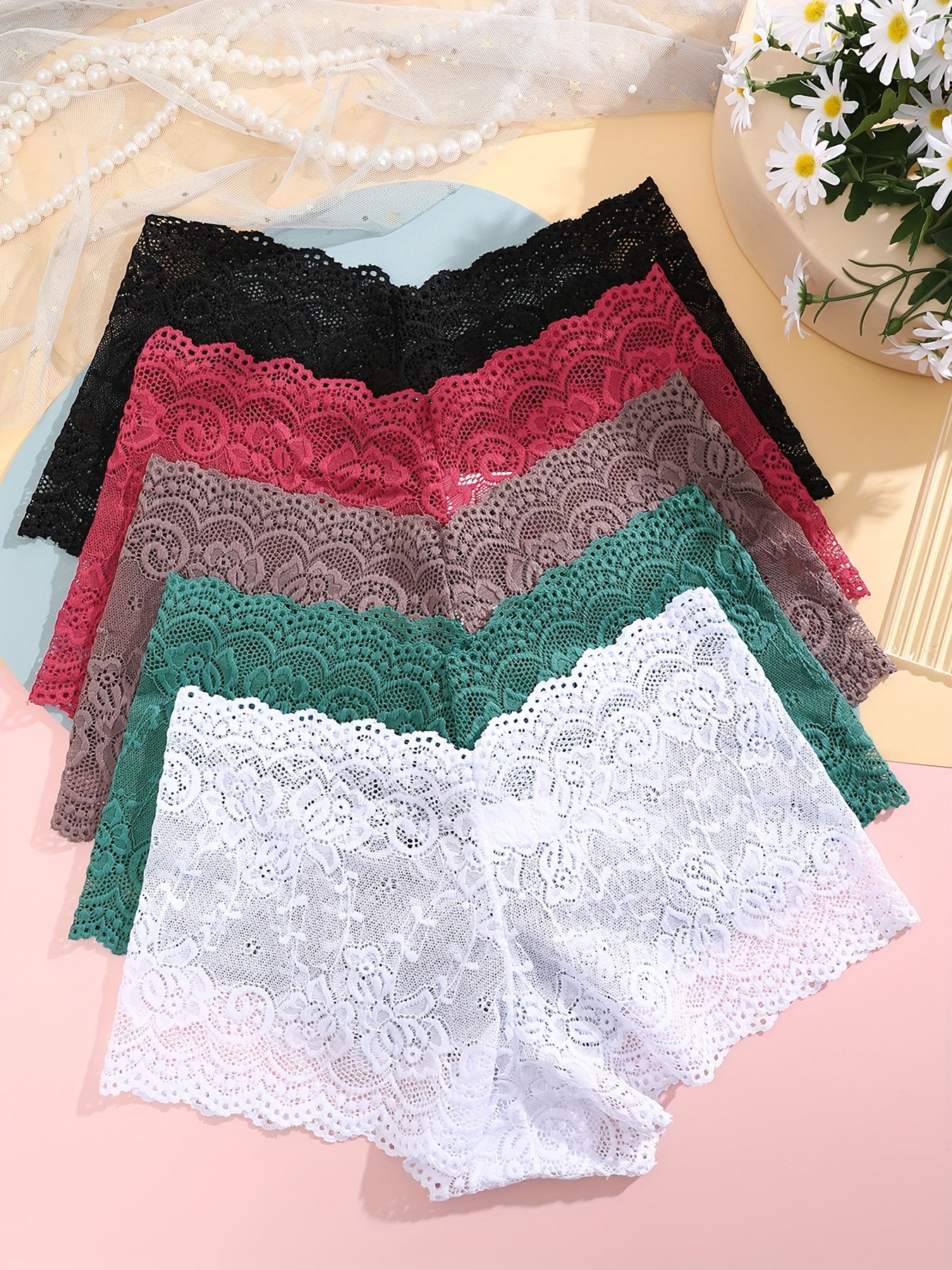 Women's Floral Lace Mid-Rise Panties Solid Color Sexy Knit Shorts Set of 5
