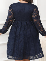 Plus Size Women's V-Neck Lace A-Line Dress Navy Blue Midi Fit and Flare
