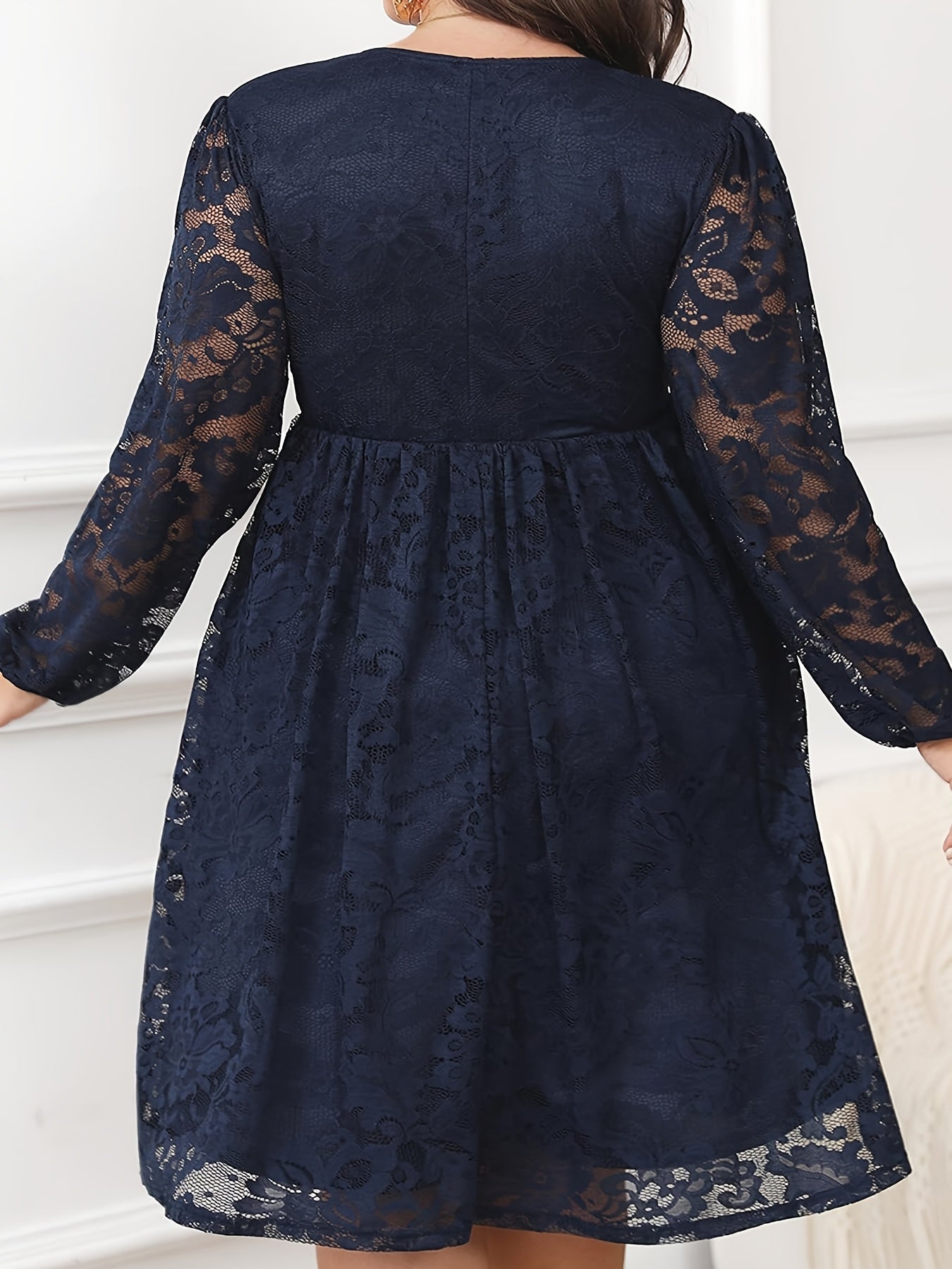 Plus Size Women's V-Neck Lace A-Line Dress Navy Blue Midi Fit and Flare