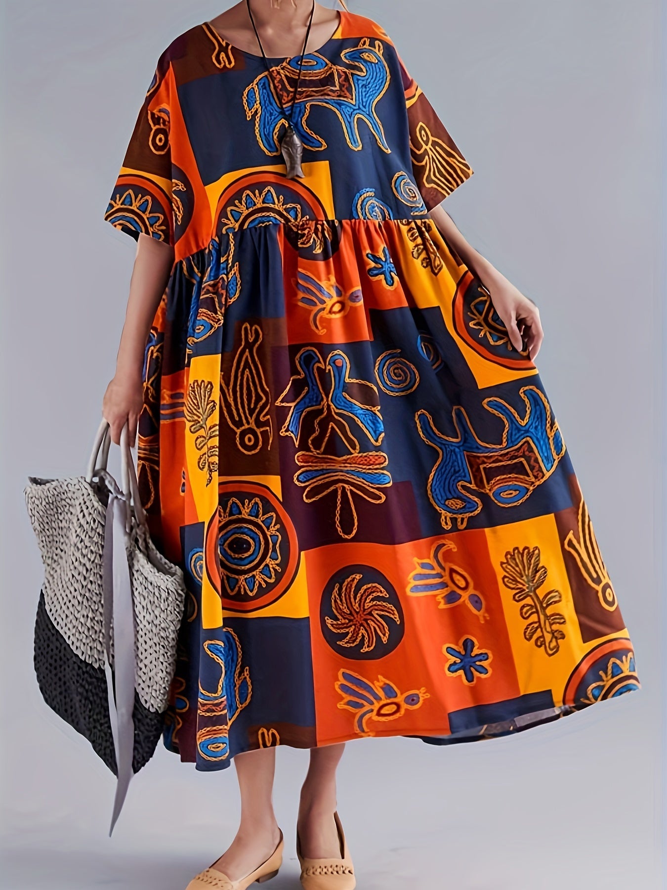 Ayollar uchun rang-barang pop san'at printi maxi ko'ylak, qisqa yenglar, dumaloq bo'yin, cho'ntaklar, erkin kesim, to'qilgan polyester aralashmasidan tayyorlangan. Bir nechta ranglarda jasur geometrik va gullar dizayni mavjud.