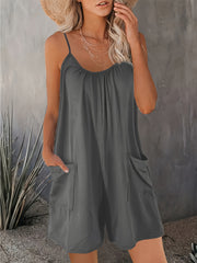 Women's Green Sleeveless Romper with Pockets for Summer Vacation