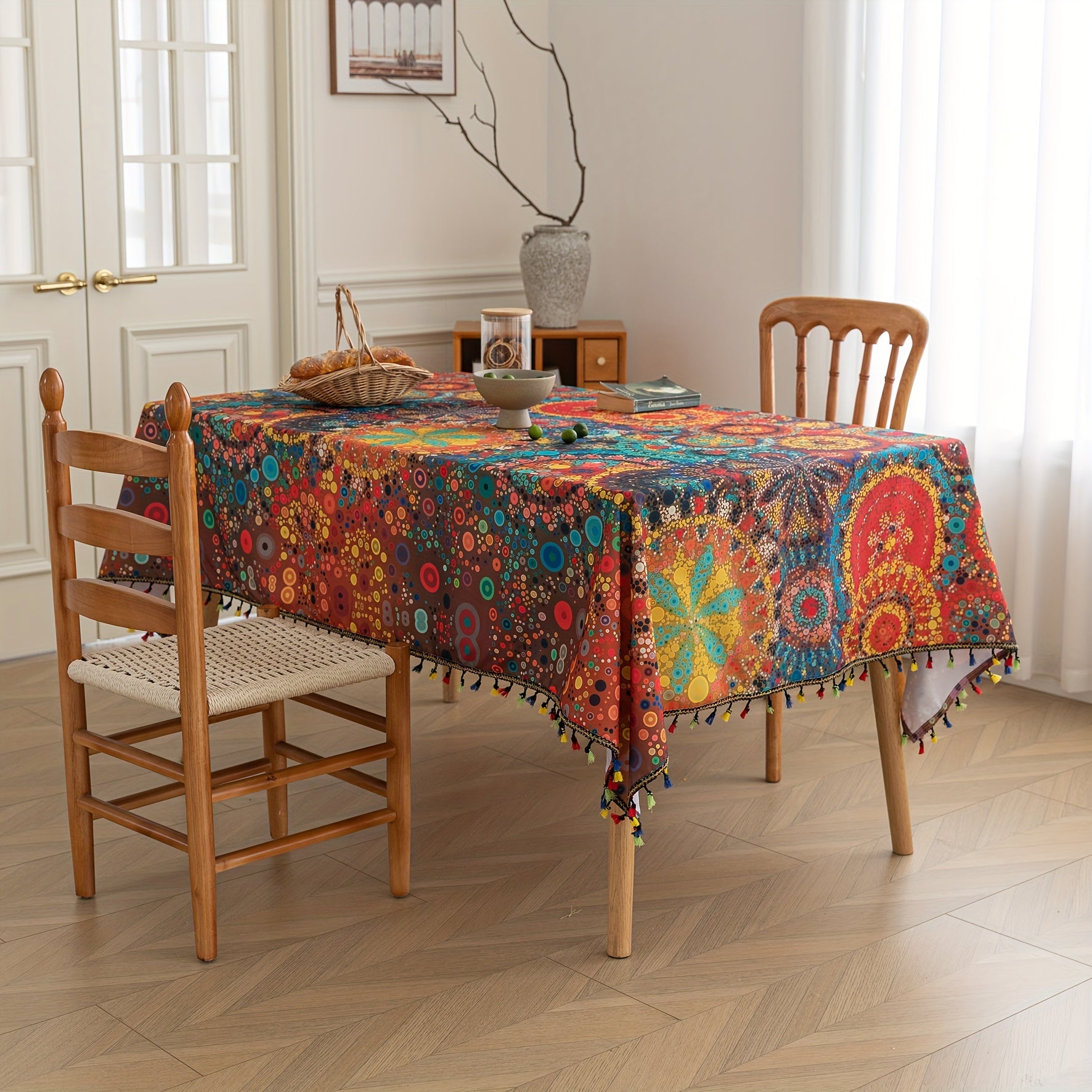 Qo'l bilan tayyorlangan qizil flax mato stol usti, tassellari bilan - jonli raqamli bosma, mustahkam, parvarish qilish oson. To'planganlar, ovqatlar va bayramlar uchun mukammal.