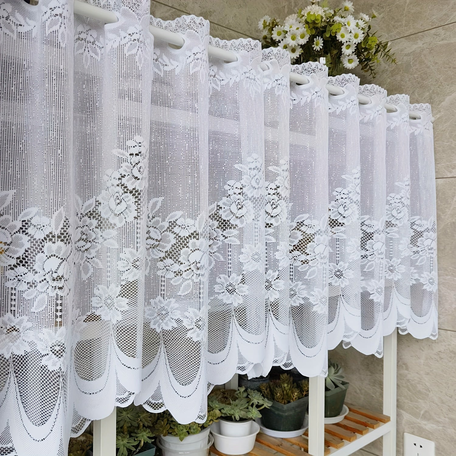 White Lace Sheer Curtain with Floral Pattern, Rod Pocket, Scalloped Bottom