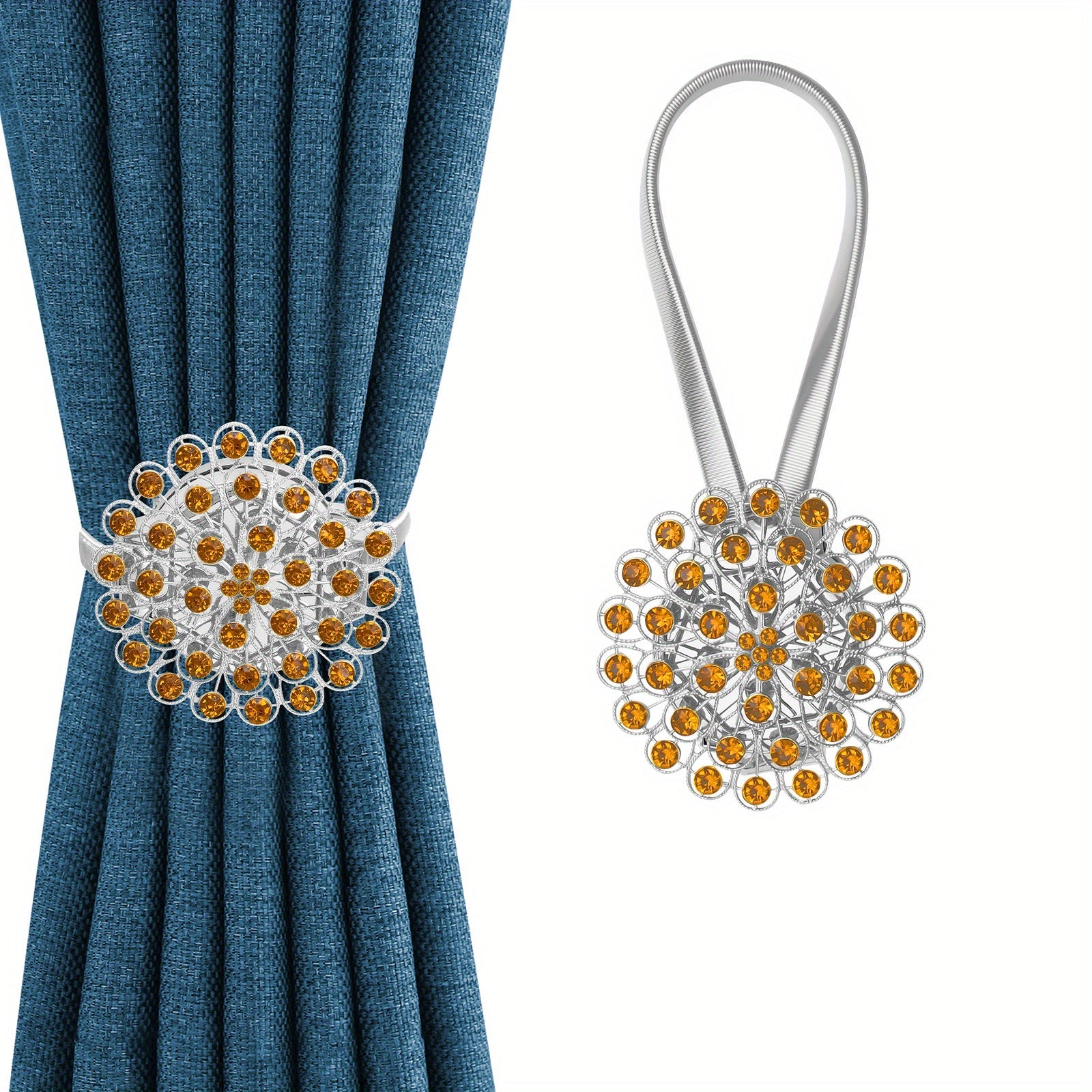 Magnetic Curtain Tieback with Crystal Flower and Elastic Spring Wire for Home Office