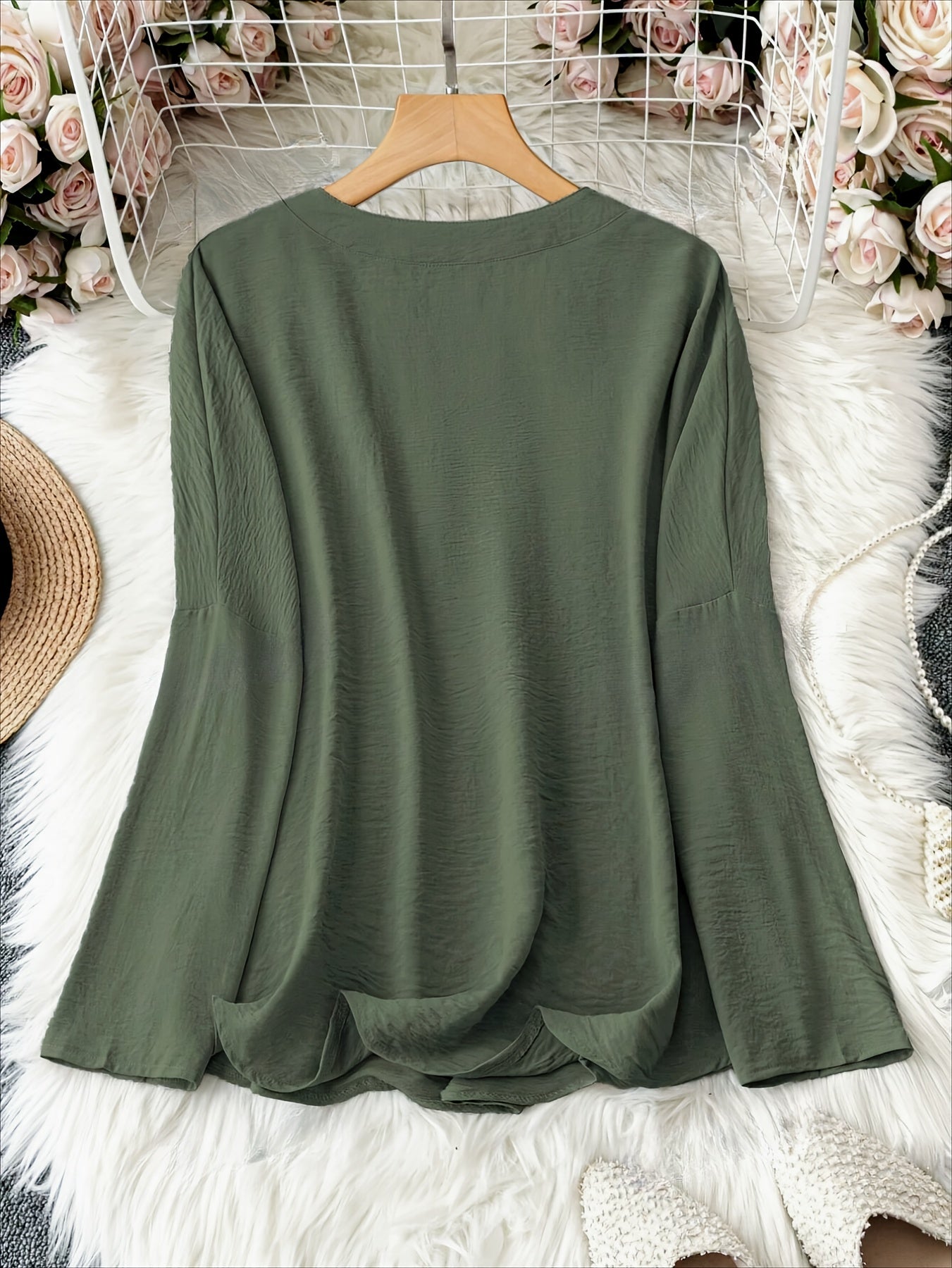Women's V-Neck Blouse Long Sleeve Drop Shoulder Solid Polyester Spring Fall Casual