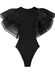 Черный сетчатый боди с рюшами на рукавах, круглый вырез, эластичный полиэстер для всех сезонов