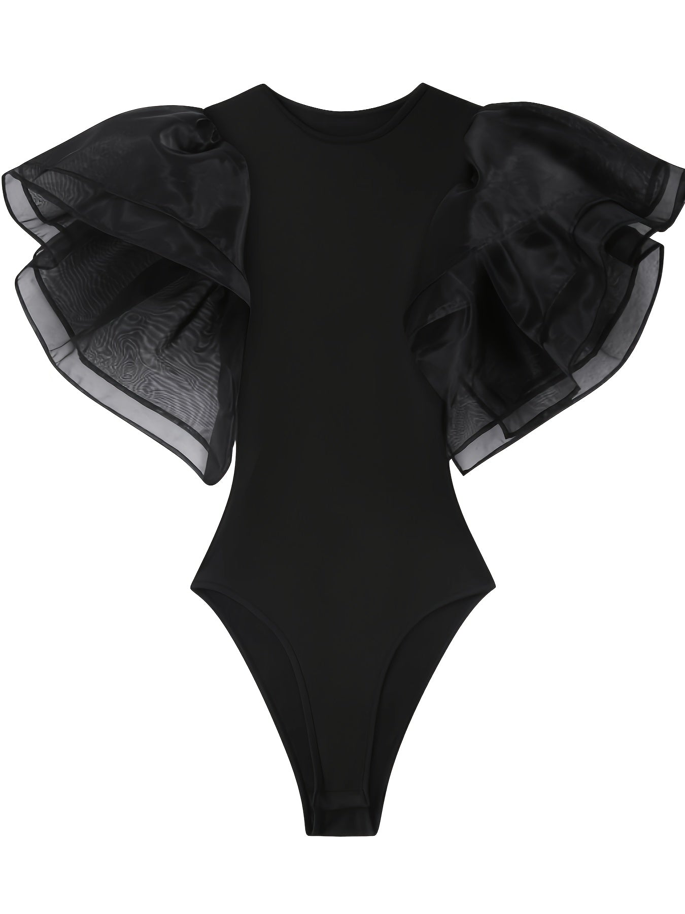 Черный сетчатый боди с рюшами на рукавах, круглый вырез, эластичный полиэстер для всех сезонов