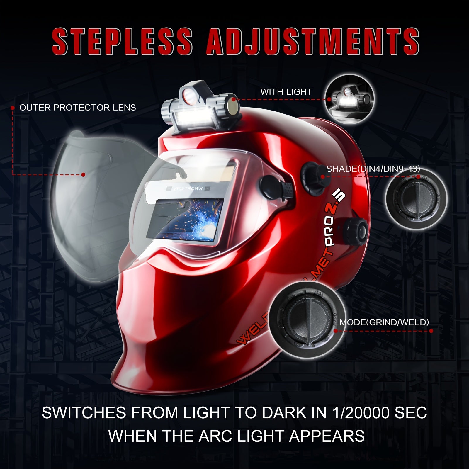 Auto Darkening Welding Helmet for Men with Top Optical Clarity Wide Shade 9-13 Solar Powered for MIG TIG ARC Welding and Grinding