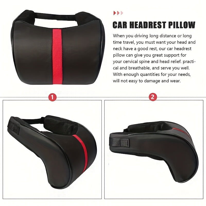 Car Headrest Pillow Black with Red Stitching Memory Foam Cushion Ergonomic