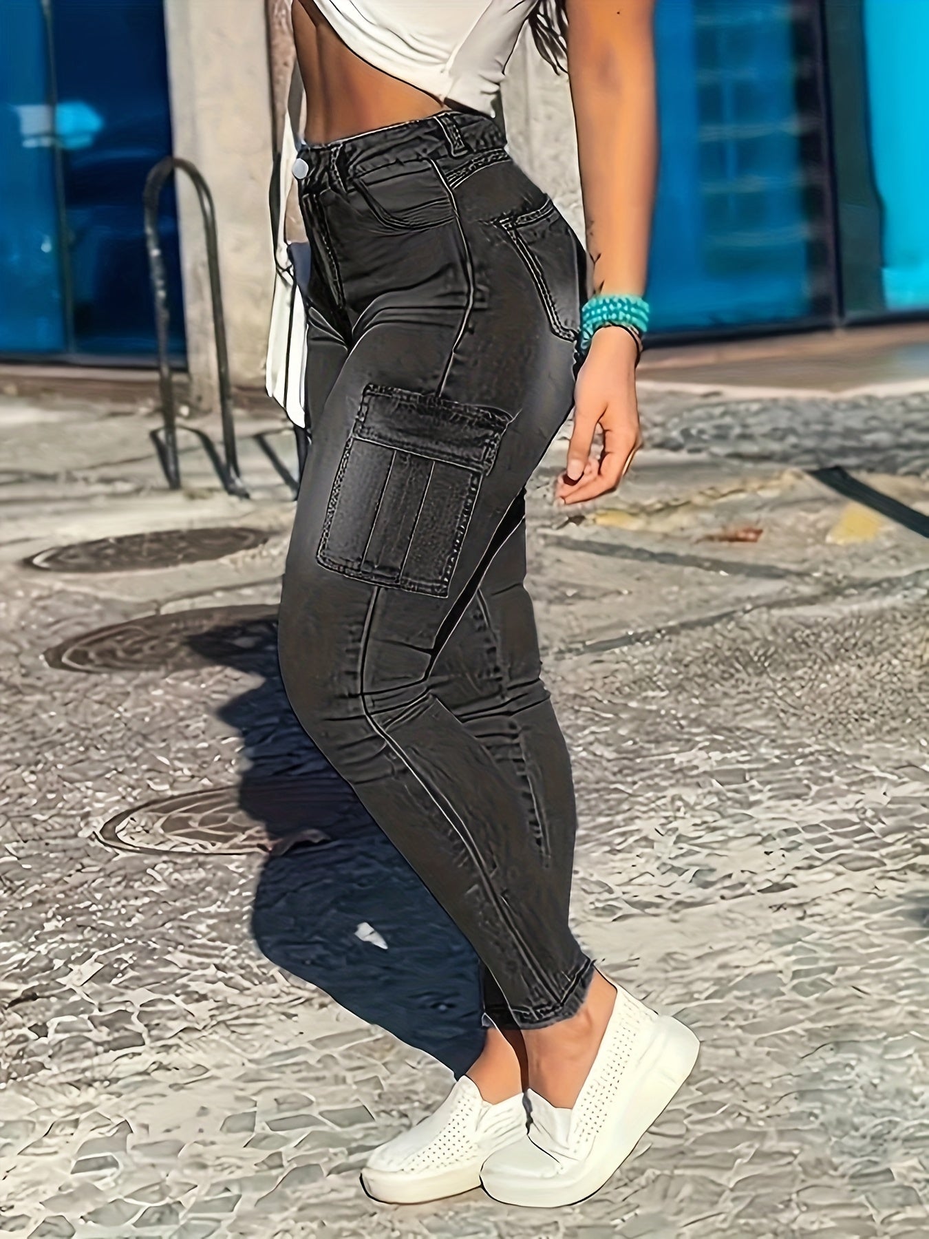 Pantalones de trabajo ajustados con control de barriga en negro para mujer, estilo pitillo con abertura en la bota, denim, talla grande