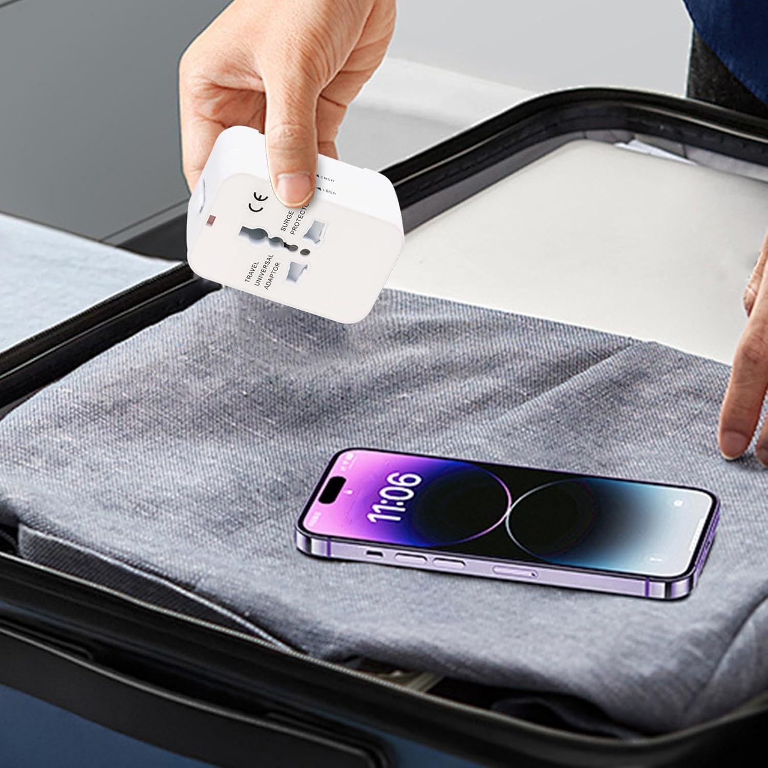 Adaptador de viaje con puertos USB duales para teléfonos y portátiles, compacto, 3 opciones de color, compatible con EE. UU., UE, Reino Unido y AU